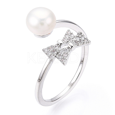 Natural Pearl Finger Open Cuff  Ring Micro Pave Clear Cubic Zirconia PEAR-N022-C03-1