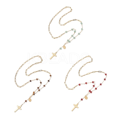 3Pcs 3 Styles Natural Carnelian & Green Aventurine & Tiger Eye Round Rosary Bead Necklaces NJEW-JN05574-1