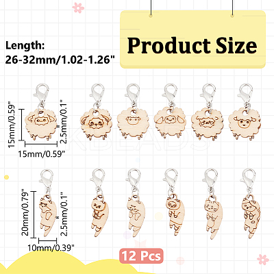 12Pcs 12 Style Cat & Sheep Wood Pendant Stitch Markers HJEW-AB00655-1
