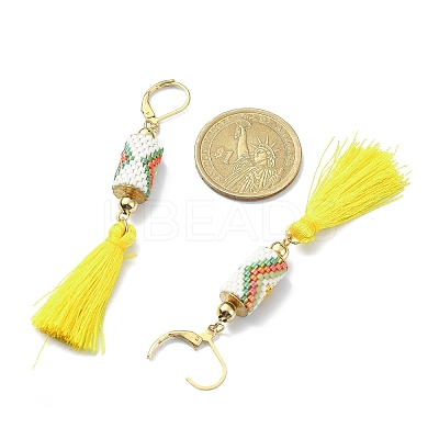Glass Seed Braided Column with Tassel Dangle Leverback Earrings EJEW-MZ00056-1