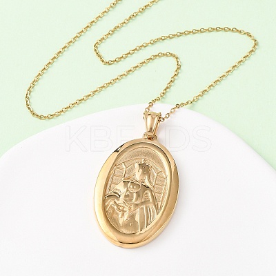 304 Stainless Steel Oval with Virgin Mary Pendant Necklaces for Women NJEW-B149-01G-1