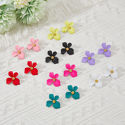 8 Pairs 8 Colors Steel Flower Stud Earrings Set with Alloy Pins for Women EJEW-FI0001-58-1