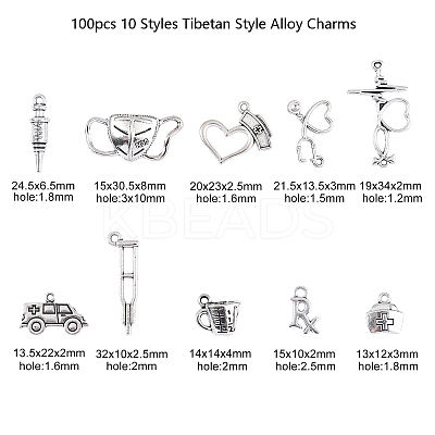100pcs 10 Styles Tibetan Style Alloy Pendants TIBEP-CJ0001-44-1