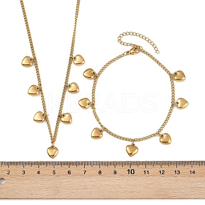 304 Stainless Steel Heart Pendant Curb Chain Necklaces & Bracelets Sets for Women SJEW-F225-02G-1