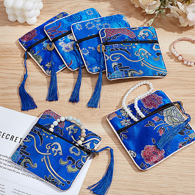 6Pcs Chinese Style Silk Cloth Embroidery Jewelry Packing Zipper Bags with Tassel ABAG-ME0001-05A-1