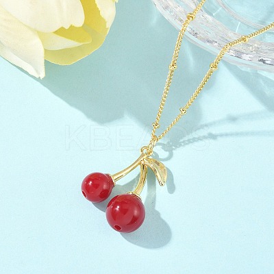 Brass Resin Fruit Cherry Pendant Satellite Chain Necklaces for Women NJEW-D306-02G-B-1
