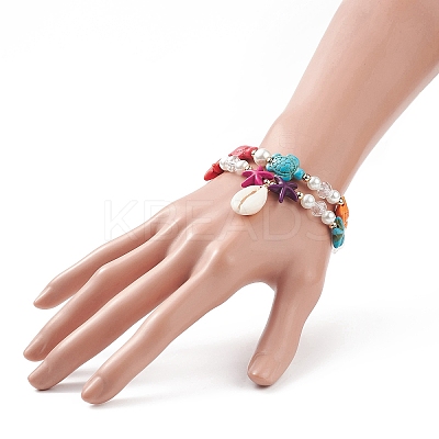 2Pcs 2 Style Starfish & Tortoise Synthetic Turquoise(Dyed) & Glass Pearl Beaded Stretch Bracelets Set BJEW-JB08994-1