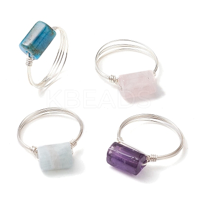 4Pcs 4 Styles Column Natural Apatite & Aquamarine & Amethyst & Rose Quartz Finger Rings Sets RJEW-TA00149-1
