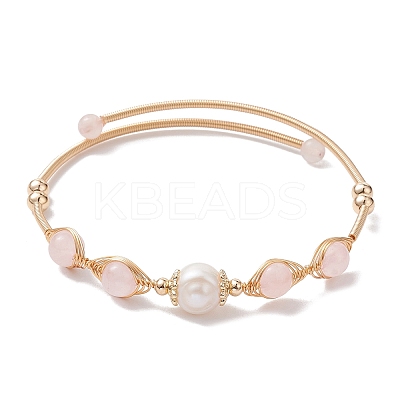 Natural Rose Quartz Round Beaded Cuff Bangle BJEW-JB10113-02-1