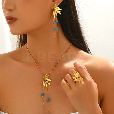 Stainless Steel & Plastic Imitation Pearl Flower Tassels Earrings & Necklaces & Rings Sets for Women DQ9834-1-1