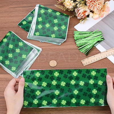 Rectangle Shamrock Clover Print Plastic Cookies Packing Pouches ABAG-WH0038-35A-1