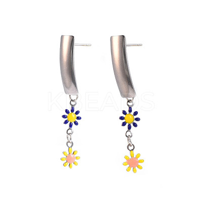Rectangle with Flower Enamel Long Dangle Stud Earrings EJEW-N049-06A-1