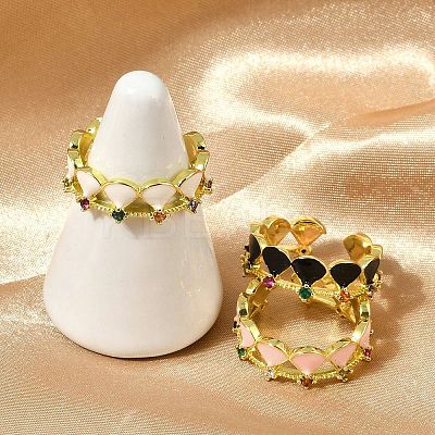 Brass Micro Pave Cubic Zirconia Enamel Cuff Rings for Women RJEW-L113-029G-1