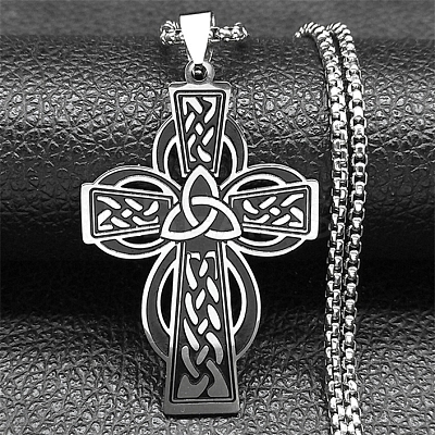 Viking 201 Stainless Steel Black Enamel Box Chain Trinity Knot Cross Pendant Necklaces for Men LS-NJEW-S003-07P-1