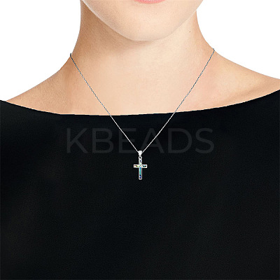 304 Stainless Steel Pave Natural Paua Shell Religion Cross Pendant Necklaces for Women FS-WG66782-01-1