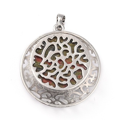 Natural Unakite Pendants with Hollow Platinum Brass Findings G-P448-A09-P-1