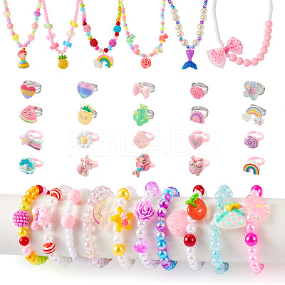 Flower & Shell & Watermelon & Rabbit Plastic Cuff & Adjustable Ring & Pendant Necklace & Stretch Bracelets SJEW-TA0001-02-1