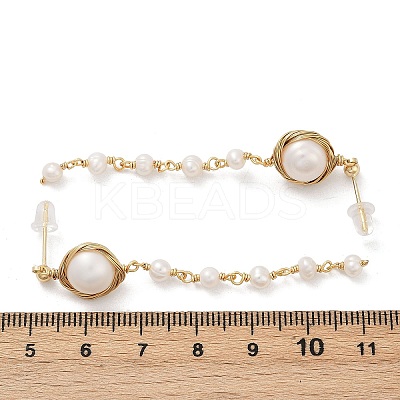 Round Brass Natural Freshwater Pearl Tassel Stud Earrings EJEW-U072-02G-1