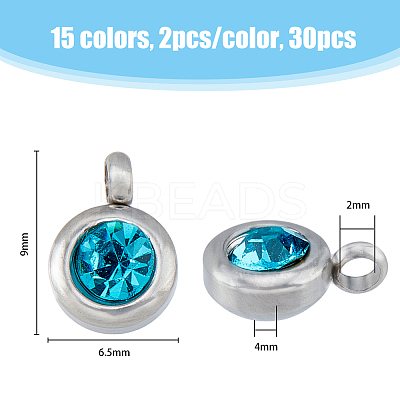 30Pcs 15 Colors Trendy Original Color 304 Stainless Steel Grade A Rhinestone Flat Round Charm Pendants RB-HY0001-04-1