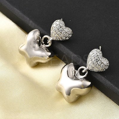 Heart with Butterfly Brass Micro Pave Clear Cubic Zirconia Dangle Stud Earrings EJEW-Z099-01P-1
