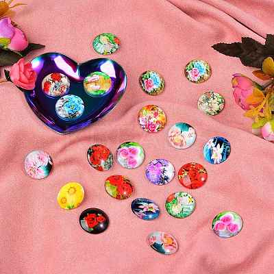Flower Printed Glass Cabochons GGLA-SZ0001-15-1