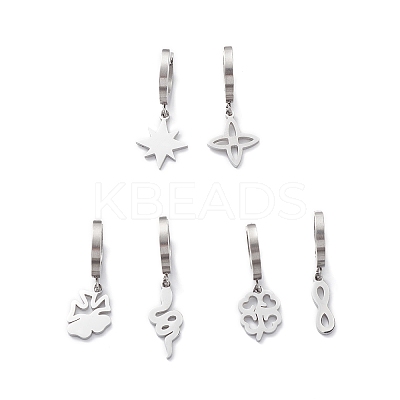 Non-Tarnish 3 Pair 3 Style Star & Clover & Snake & Infinity 304 Stainless Steel Asymmetrical Earrings EJEW-B020-14P-1