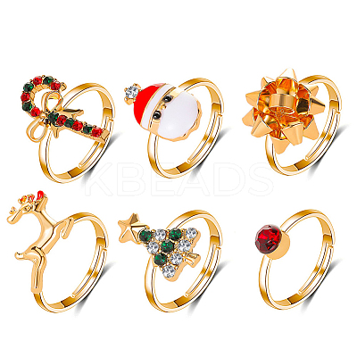 18Pcs 6 6 Style Santa Claus & Christmas Tree & Flower & Deer & Candy Cane Enamel Adjustable Rings Set RJEW-NB0001-03-1