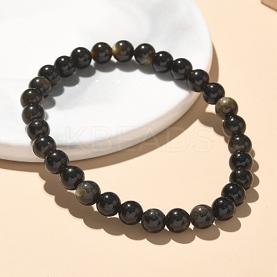 Natural Golden Sheen Obsidian Bead Stretch Bracelets BJEW-K212-A-020-1