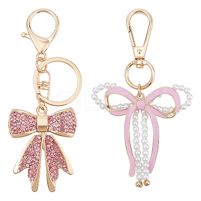2Pcs 2 Styles Bowknot Alloy Enamel & Plastic Imitation Pearl Pendant Decoration HJEW-PH0001-94-1