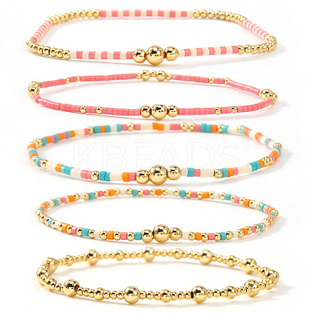 5Pcs Bohemian Style Brass & Glass Seed Bead Stretch Bracelets for Women AC5136-1-1