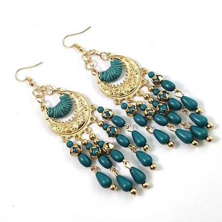 Bohemian Style Alloy Resin Moon with Teardrop Tassel Dangle Earrings FS-WG624F3-03-1
