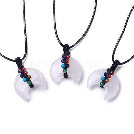 Adjustable Natural Quartz Crystal Double Horn Pendant Necklace with Wax Cord for Women NJEW-B086-01C-1