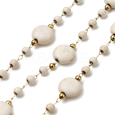 Handmade 304 Stainless Steel Synthetic Turquoise Flat Round Link Chains CHS-L032-06G-02-1