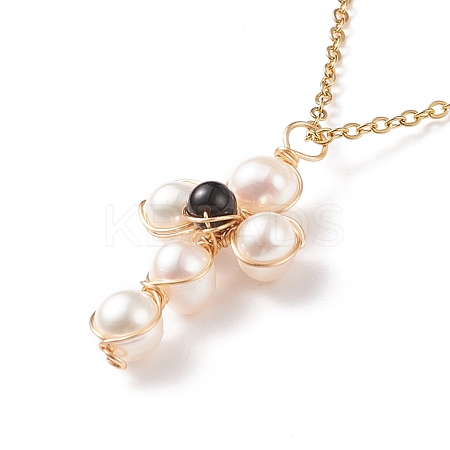 Natural Obsidian & Pearl Braided Cross Pendant Necklace NJEW-JN03920-05-1
