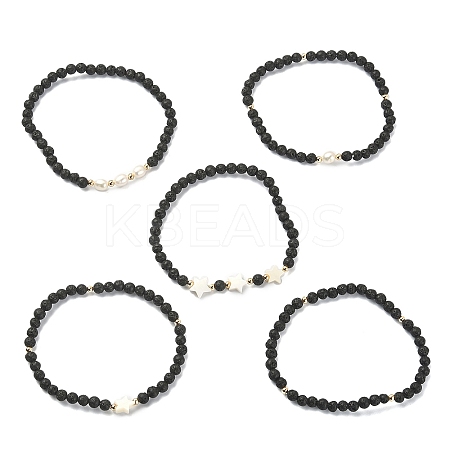 5Pcs 5 Style Natural Lava Rock & Pearl & Shell Star Beaded Stretch Bracelets Set BJEW-JB09495-03-1