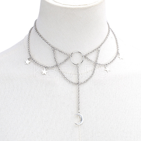 Moon & Star Zinc Alloy Tassel Layered Choker Necklaces FS-WG2E652-05-1
