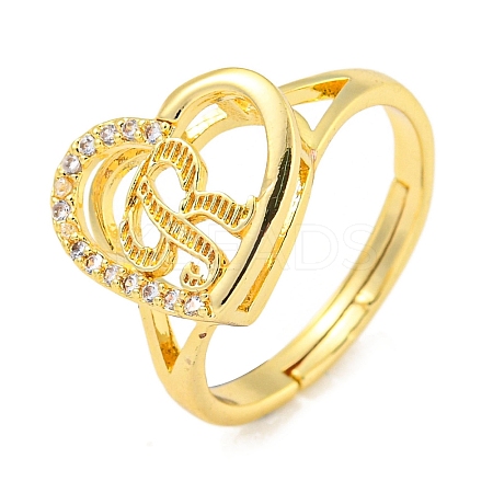 Heart with Letter Rack Plating Brass Micro Pave Cubic Zirconia Adjustable Rings for Women RJEW-I105-06G-R-1