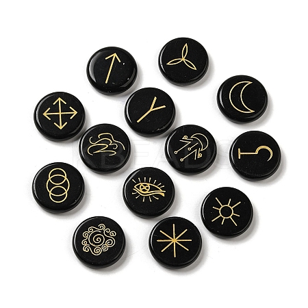 13Pcs Flat Round Natural Obsidian Rune Stones G-K335-08A-1