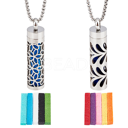 2Pcs 2 Styles Anti-Tarnish Stainless Steel Mini Hollow Column Perfume Bottle Necklaces NJEW-DR0001-02B-1