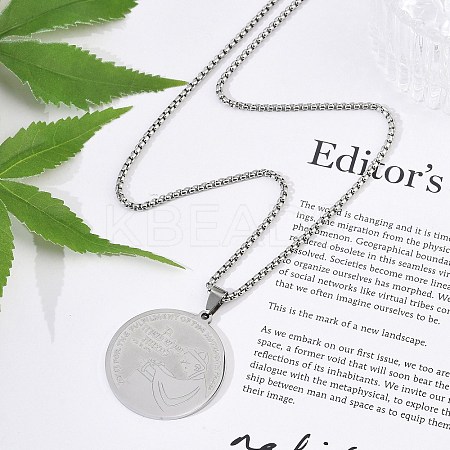 201 Stainless Steel Flat Round with Boy Pendant Box Chain Necklaces for Women Men NJEW-R013-05P-1