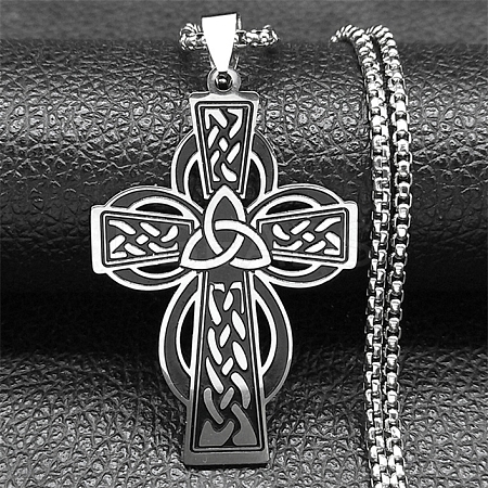 Viking 201 Stainless Steel Black Enamel Box Chain Trinity Knot Cross Pendant Necklaces for Men LS-NJEW-S003-07P-1