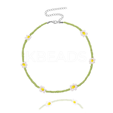 Bohemian Daisy Flower Glass Seed Beaded Necklaces with Alloy End Chains FS-WGC49A6-15-1