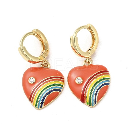 Heart with Rainbow Real 18K Gold Plated Brass Dangle Hoop Earrings EJEW-L268-042G-06-1