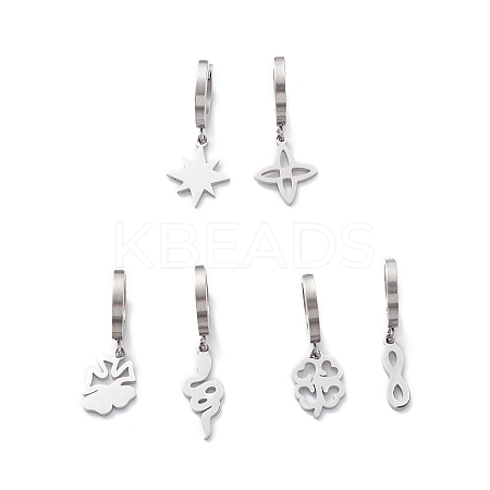 Non-Tarnish 3 Pair 3 Style Star & Clover & Snake & Infinity 304 Stainless Steel Asymmetrical Earrings EJEW-B020-14P-1