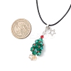 Electroplate Glass Beaded Dark Cyan Christmas Tree & Alloy Star Pendant Black Waxed Cotton Cord Necklaces NJEW-MZ00123-02-3