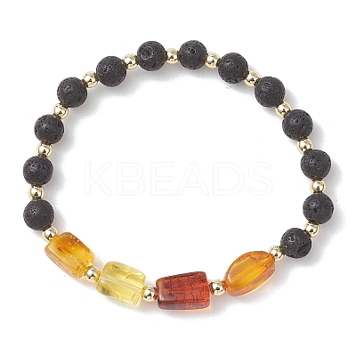 Natural Amber and Lava Rock Beads Stretch Bracelets for Women BJEW-JB13383-01-1