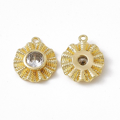 Brass Pave Clear Cubic Zirconia Flat Round Charms KK-K271-26G-1