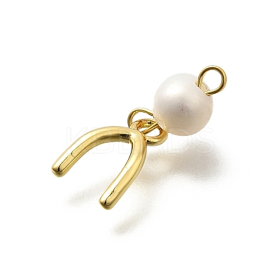 Brass & Natural Pearl U Shaped Pendants KK-Z093-38G-1
