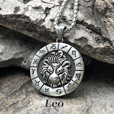 Flat Round with Engraved Twelve Constellation Alloy Pendant Necklace for Women Men WG25F4B-04-1
