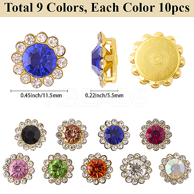 90Pcs 9 Colors Flower Sew on Rhinestones RB-GF0001-08-1